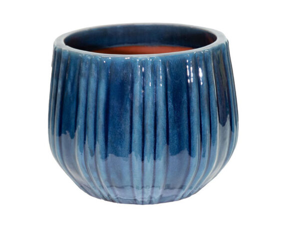 Cachepot con Righe Smaltato Blu Intenso D18x16cm in Ceramica – Mega Collections