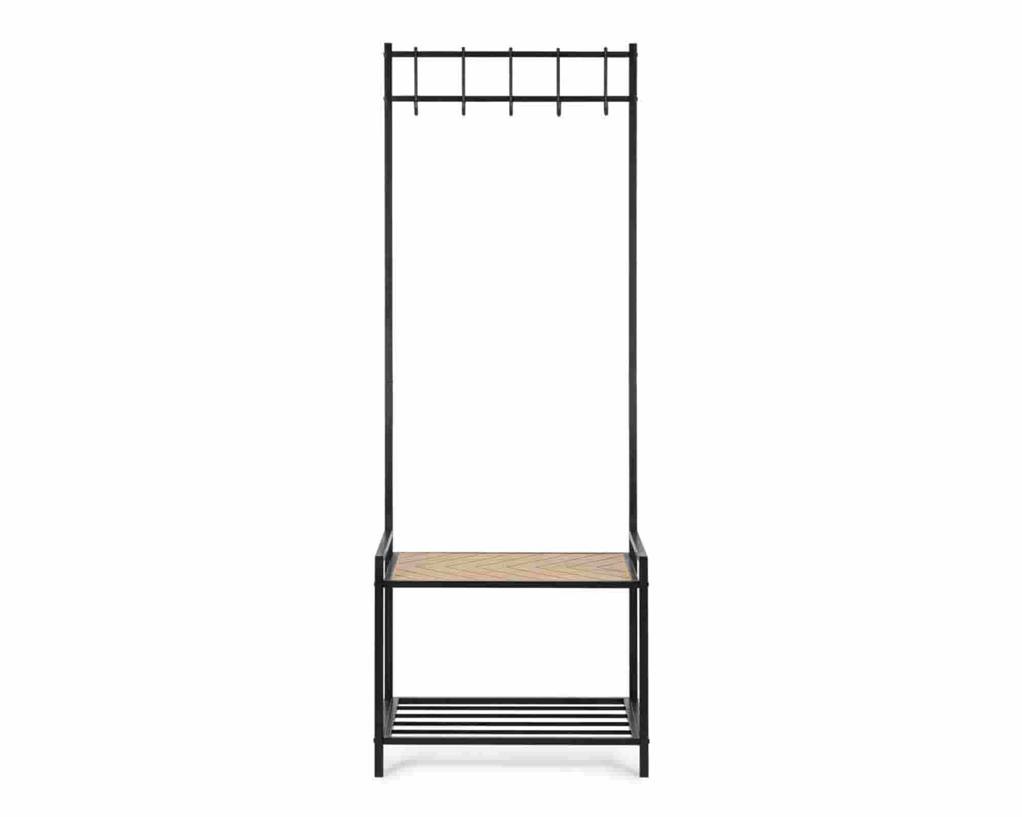 Appendiabiti 2 Piani e 5 Ganci Haldor Nero e Naturale 64,5x37,5x180cm in Acciaio e MDF - Bizzotto - immagine 2