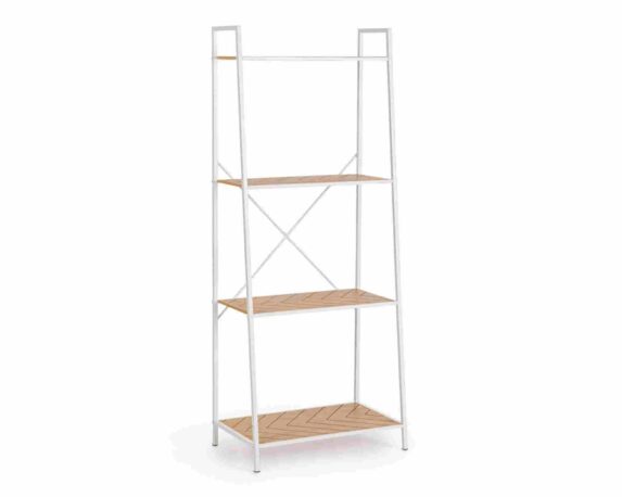 Libreria 4 Piani Haldor Bianco e Naturale 60,5x36x150cm in Legno di Gomma e Acciaio – Bizzotto