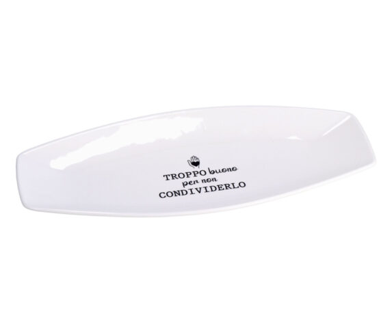 Vassoio Ovale Piano con Scritta Bianco 41×18,5×3,5cm in Ceramica