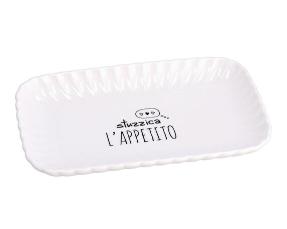 Vassoio Rettangolare Piano con Scritta Bianco 30,5x19x3,5cm in Ceramica
