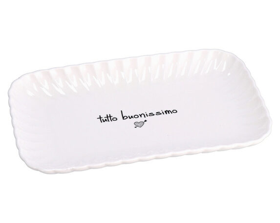 Vassoio Rettangolare Piano con Scritta Bianco 35,5×22,5x4cm in Ceramica