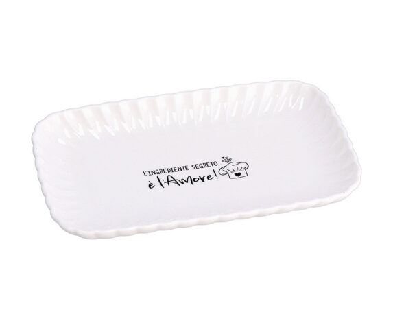 Vassoio Rettangolare Piano con Scritta Bianco 25,5x16x2,5cm in Ceramica