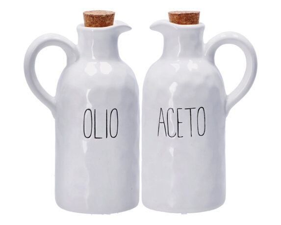 Menage Olio e Aceto con Tappo Sughero Bianco 10x7x16,5cm in Ceramica