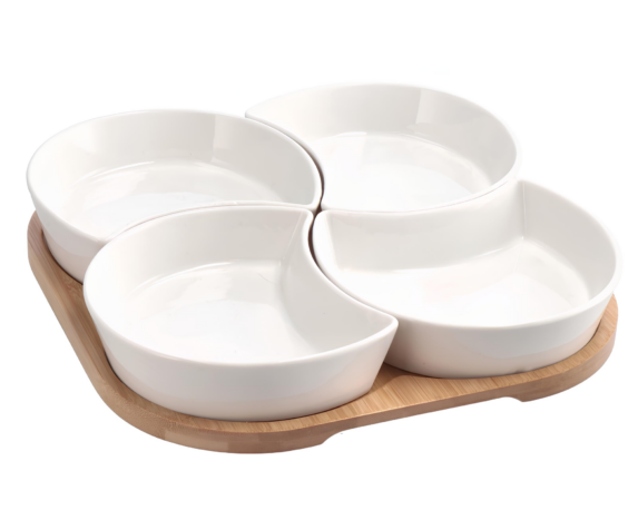 Antipastiera Quadrata 4 Vaschette con Vassoio Bianco 26x26cm in Ceramica e Bamboo