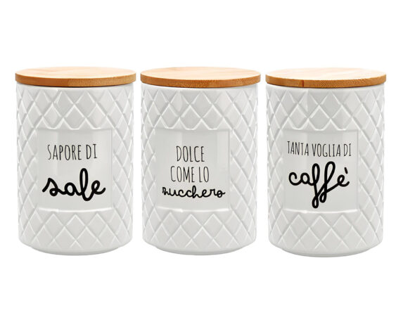 Barattolo con Coperchio e Scritta Bianco Assortito D10x15cm Ceramica e Legno