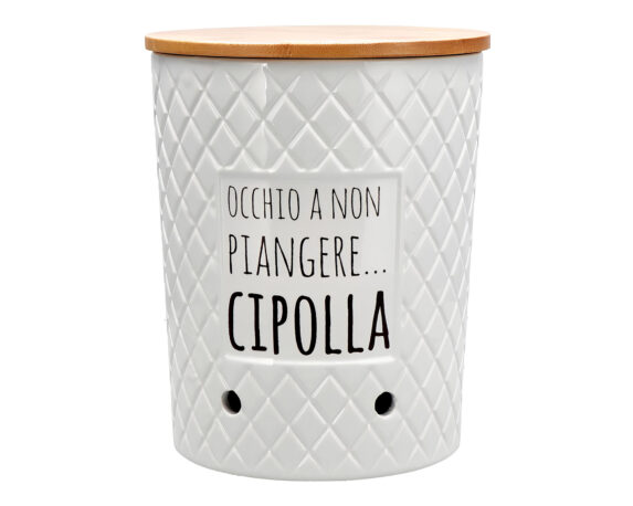 Portacipolla con Coperchio e Scritta Bianco Assortito D16x19,5cm Ceramica e Legno