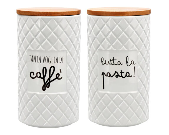 Barattolo con Coperchio e Scritta Bianco Assortito D10,5x18cm Ceramica e Legno