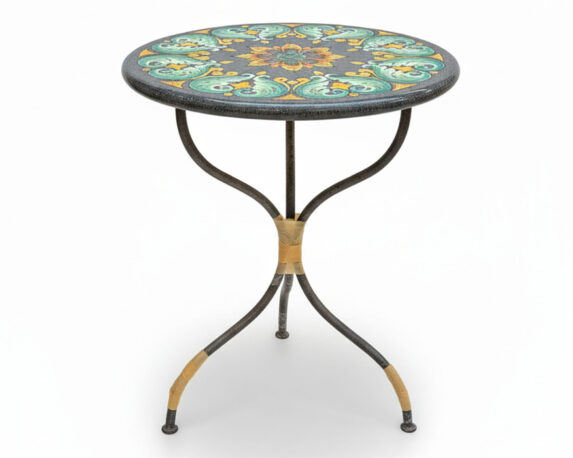 Tavolo Battuto Siciliano Ceramizzato Dipinto a Mano Assortito 60x60x75cm in Pietra Lavica e Ferro