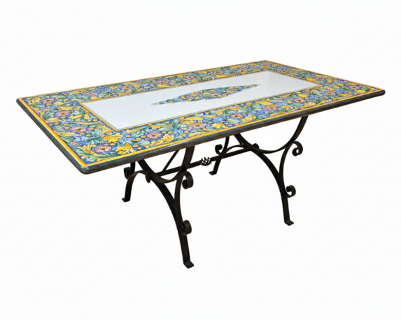 Tavolo Battuto Siciliano Ceramizzato Dipinto a Mano Assortito 180x90x75cm in Pietra Lavica e Ferro