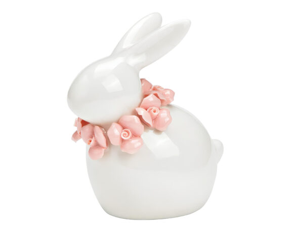 Coniglietto Bianco con Corona di Fiori 10x12x7cm in Ceramica