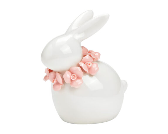 Coniglietto Bianco con Corona di Fiori 8x9x5cm in Ceramica