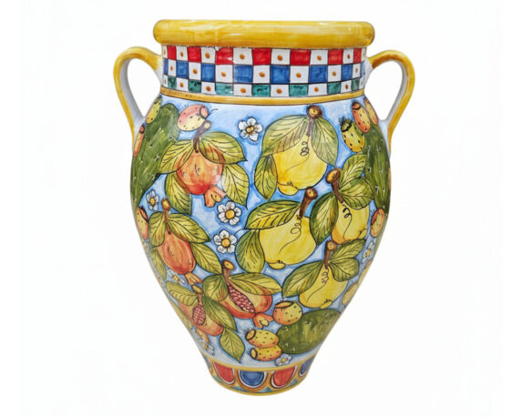 Cachepot Decorativa con Fico D’India Dipinto a Mano Assortito 70cm in Terracotta