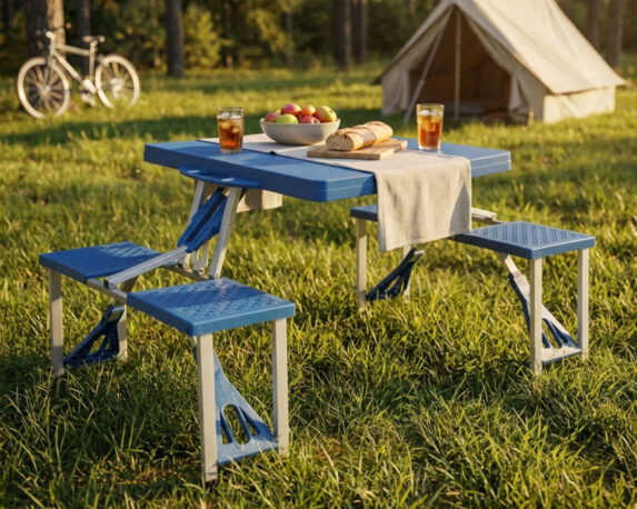 Set Pranzo Tavolo Pieghevole con 4 Sgabelli Blu 85,5x65x67cm in Plastica e Alluminio