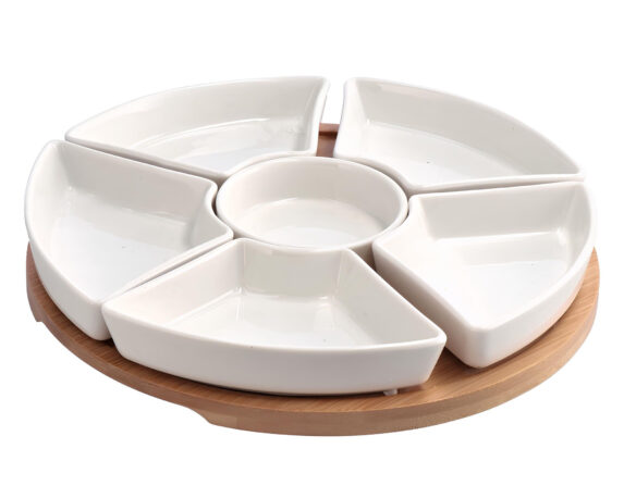 Antipastiera Quadrata 6 Vaschette con Vassoio Bianco 24,5cm in Ceramica e Bamboo
