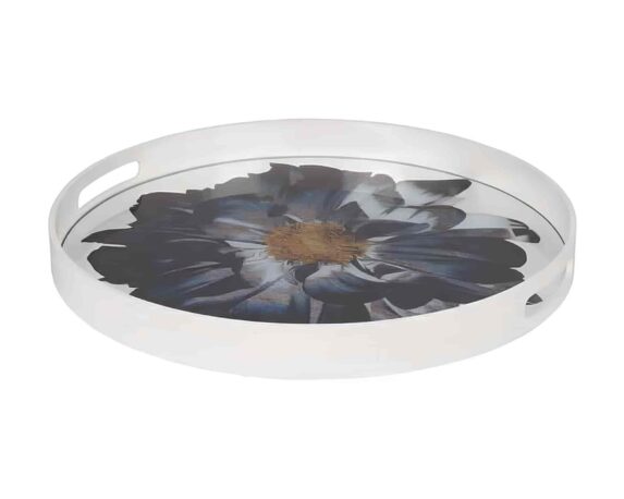Vassoio Rotondo con Fiori Bianco D43x4,5cm in Vetro e MDF