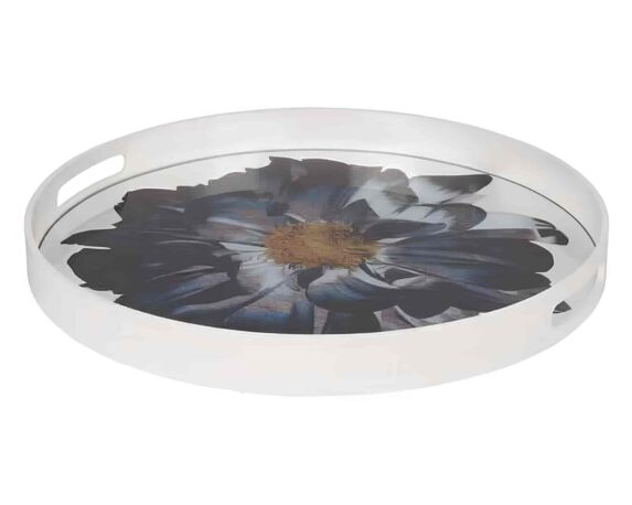 Vassoio Rotondo con Fiori Bianco D48x4,5cm in Vetro e MDF