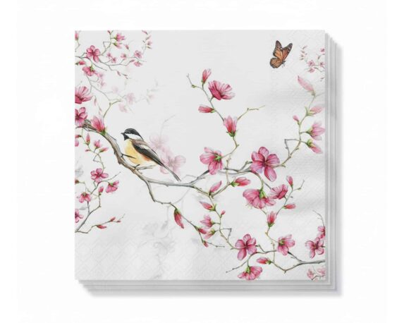 Tovaglioli Eleganti Bird & Blossom White 25x25cm in Carta
