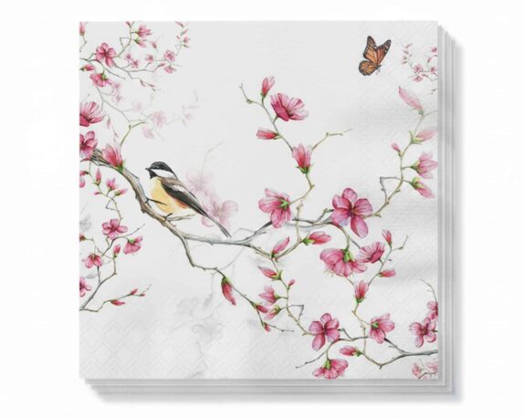 Tovaglioli Eleganti Bird & Blossom White 33x33cm in Carta