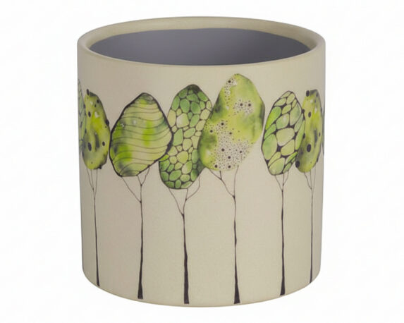 Cachepot Decoro Fiori L Bianco e Verde D16x15cm in Ceramica