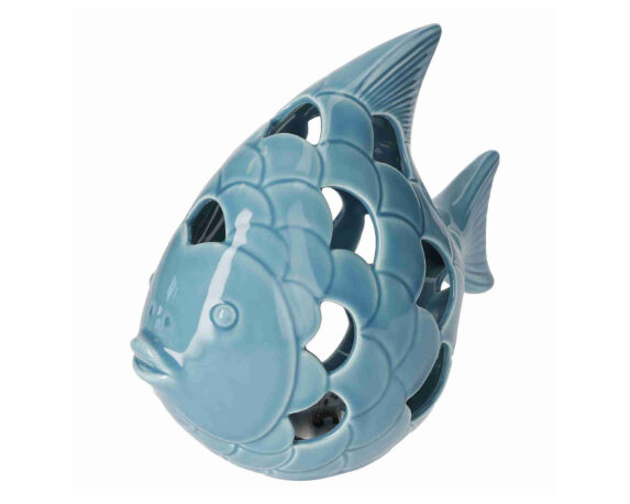 Decorazione Pesce Traforato con LED Azzurro 20x10x18cm in Ceramica