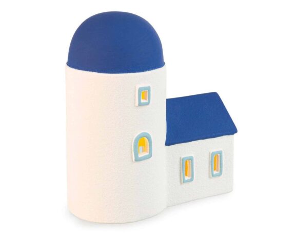 Decorazione Casetta con LED Greek Bianco e Blu 13,5x8x15cm in Ceramica – Bizzotto