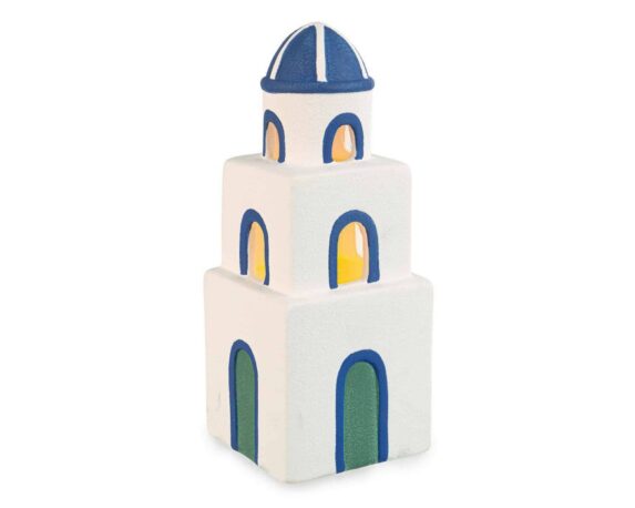 Decorazione Torre con LED Greek Bianco e Blu 8,5×8,5×20,5cm in Ceramica – Bizzotto