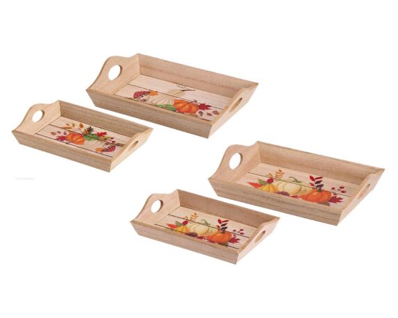 Set 2 Vassoi Rettangolari Autunnali con Zucche 23/30cm in MDF