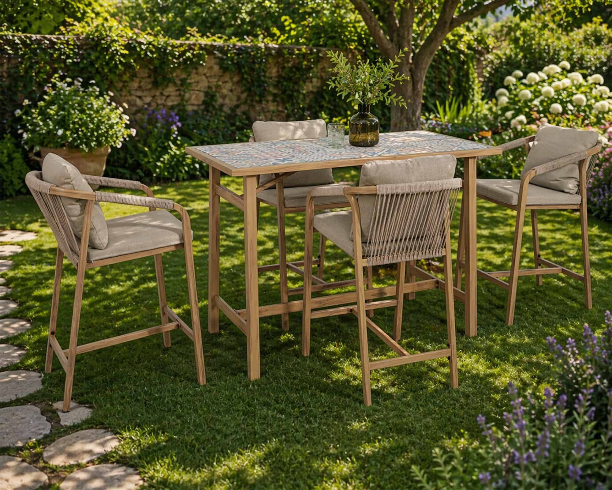 Set Tavolo Bar e 4 Sgabelli Kalimera Desert Piano con Mattonelle Nocciola 140x73x100cm in Alluminio - Bizzotto