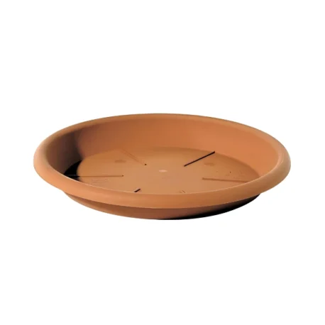 Sottovaso modello eolo in plastica, color terracotta del brand telcom, su fondo bianco.