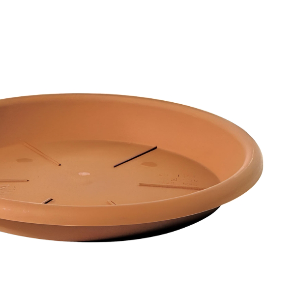 Sottovaso modello eolo in plastica, color terracotta del brand telcom,nel dettaglio.