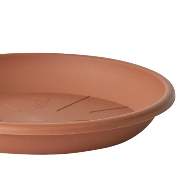 Sottovaso medea in plastica colore terracotta su sfondo bianco, dettaglio.