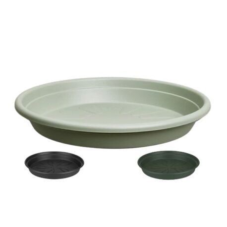 Sottovaso Rotondo Modello Green Basics in Plastica Riciclata per Piante colori assortiti su sfondo bianco.