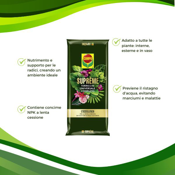 COMPO Suprême Terriccio Universale Completo grafica per informazioni con sfondo verde.