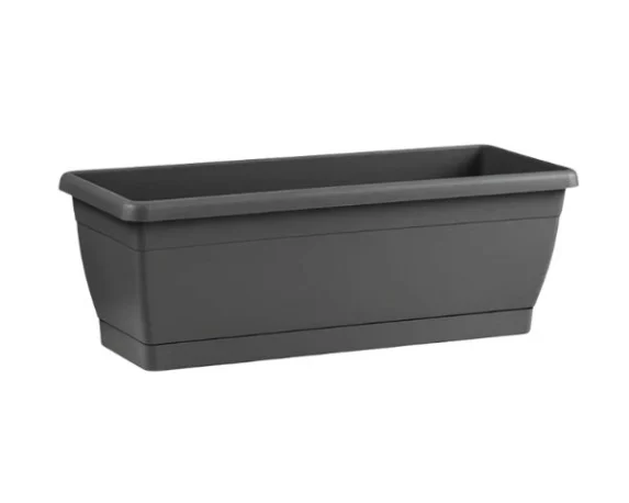 Vaso rettangolare modello Roxenne con sottovaso integrato colore antracite scuro su sfondo bianco.