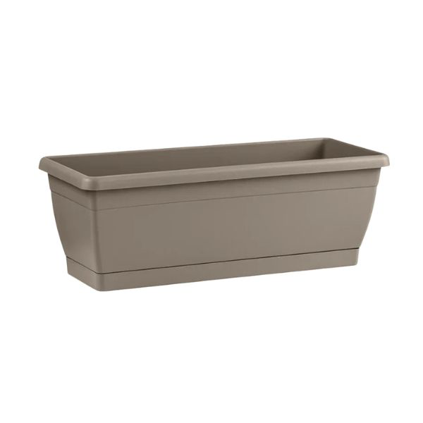 Vaso rettangolare modello Roxenne con sottovaso integrato colore tortora su sfondo bianco.