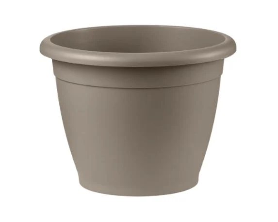 Vaso rotondo Naxos in plastica in varie misure colore tortora su sfondo bianco