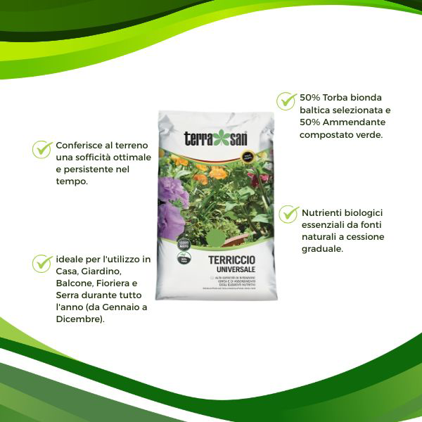 terriccio universale bio terrasan, grafica con informazioni sul prodotto.