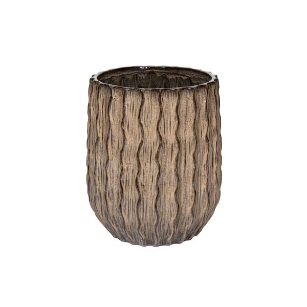 Vaso decorativo rotondo boheme rib ceramica smaltata avana scura su sfondo binaco.