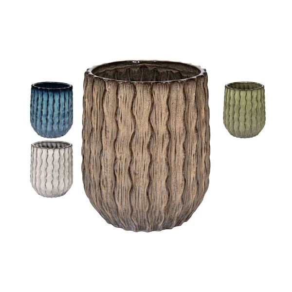 Vaso decorativo rotondo boheme rib ceramica smaltata diversi colori su sfondo binaco.