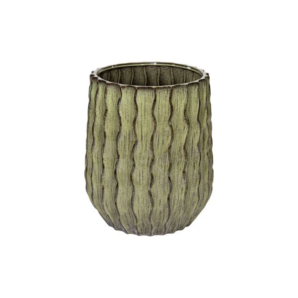 Vaso decorativo rotondo boheme rib ceramica smaltata verde salviai su sfondo binaco.