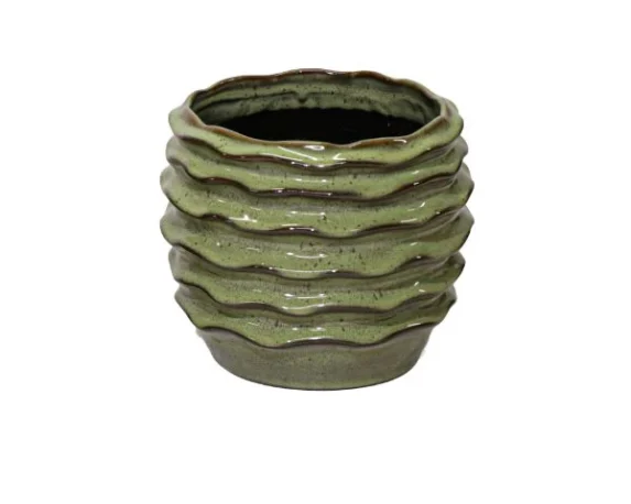 Vaso decorativo rotondo boheme wave ceramica smaltata colore verde salvia su sfondo binaco.