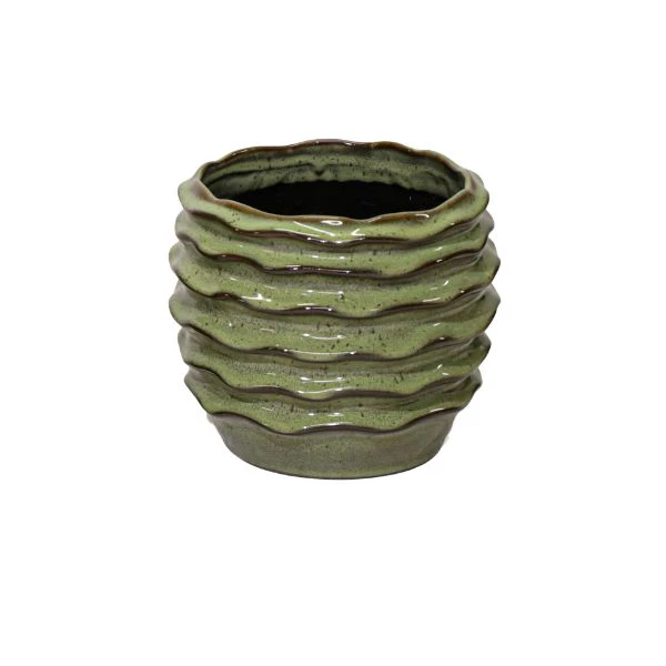 Vaso decorativo rotondo boheme wave ceramica smaltata colore verde salvia su sfondo binaco.