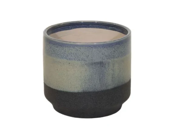 Vaso decorativo rotondo duets cylinder ceramica smaltata blu-reattivo-tricolore su sfondo binaco.