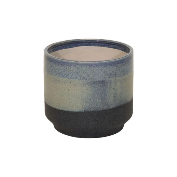 Vaso decorativo rotondo duets cylinder ceramica smaltata blu-reattivo-tricolore su sfondo binaco.