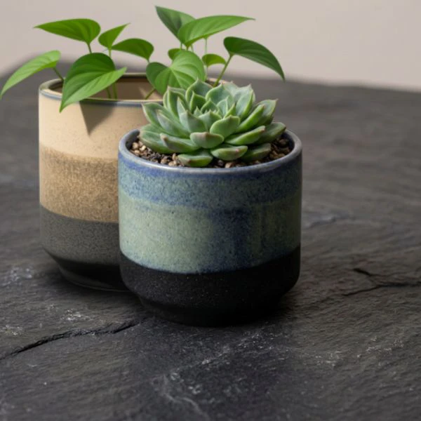 Vaso decorativo rotondo duets cylinder ceramica smaltata tricolore. Due vasi con piante su un tavolo scuro.