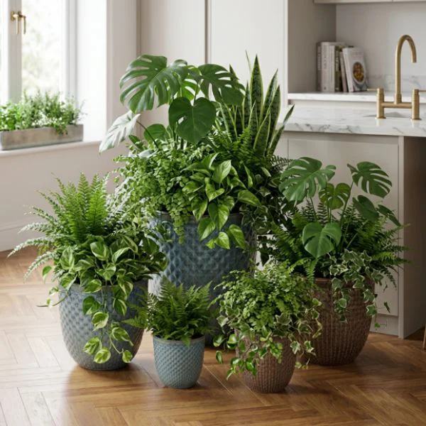 vasi decorativi rotondi grace bullet wyber ceramica-smaltata diversi colori e misure all'intereno di una cucina con piante verdi.