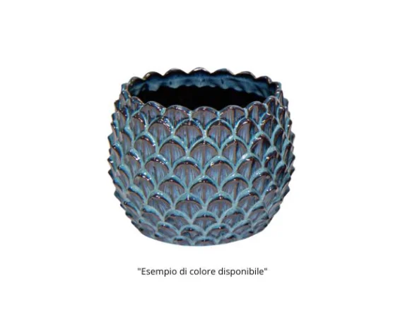 Vaso decorativo rotondo boheme scale ceramica smaltata mix colori su sfondo binaco.
