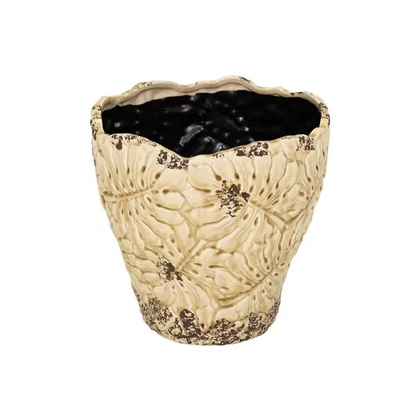 Il Vaso Decorativo Rotondo Bohemian Leaf Pot di Mega Collections (distribuito da Floral Garden) infonde un'atmosfera botanica e rétro irresistibile in qualsiasi ambiente interno colore avorio caldo su sfondo bianco