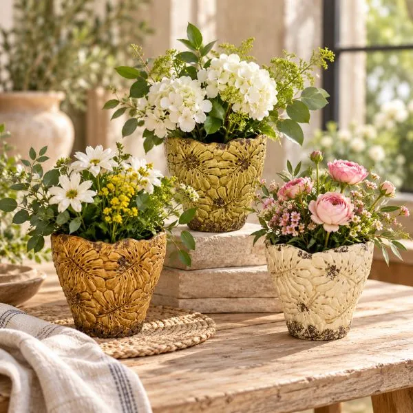 Il Vaso Decorativo Rotondo Bohemian Leaf Pot di Mega Collections (distribuito da Floral Garden) infonde un'atmosfera botanica e rétro irresistibile in qualsiasi ambiente interno, foto in ambientazione con tre vasi fioriti.